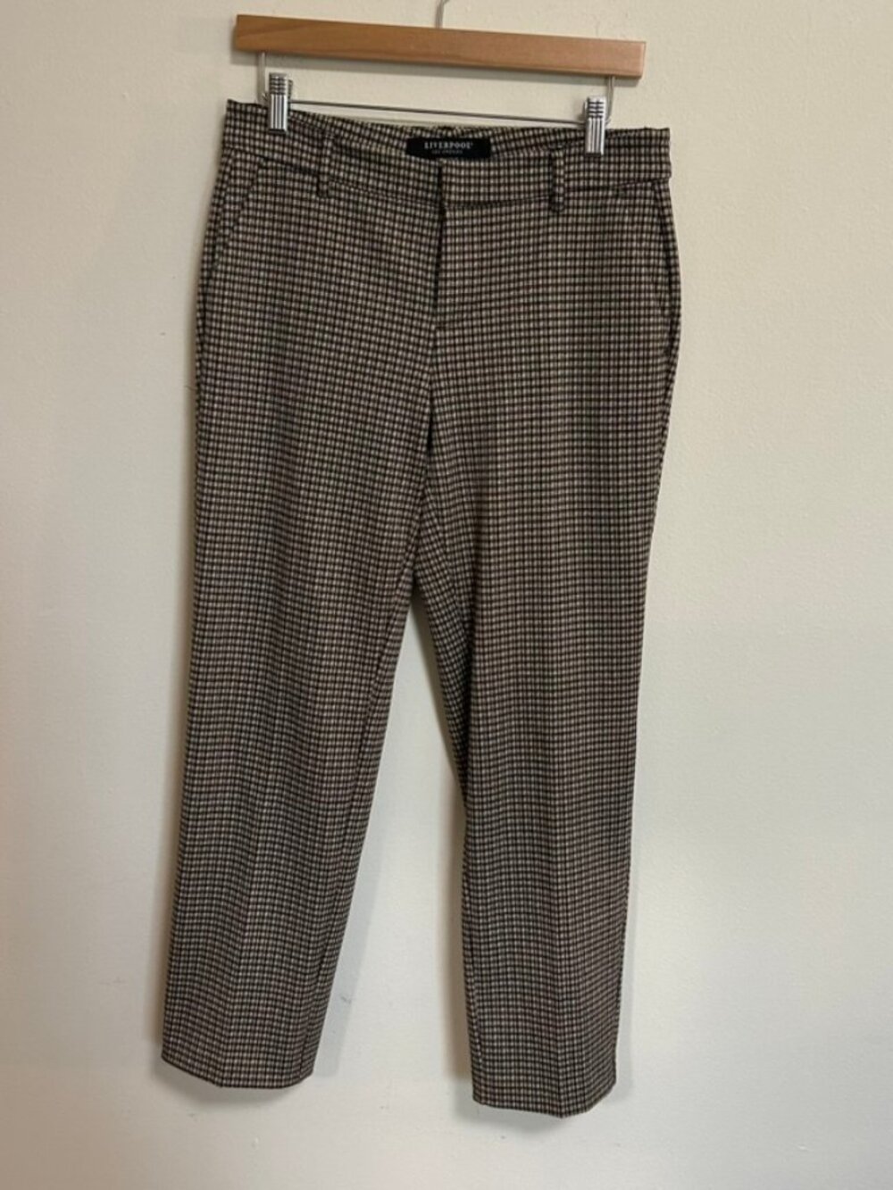 Liverpool Los Angeles Kelsey Trouser Black/Tan Plaid Print Straight Leg Sz 6 EUC
